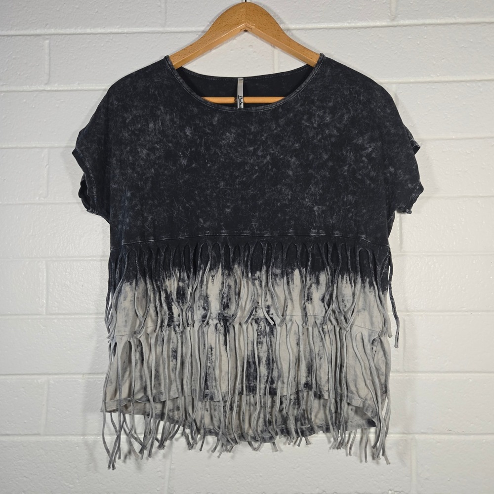 Vtg Petrol Fringe T Shirt Large Goth Acid Wash Ombre‎ Boho Festival Concert Emo